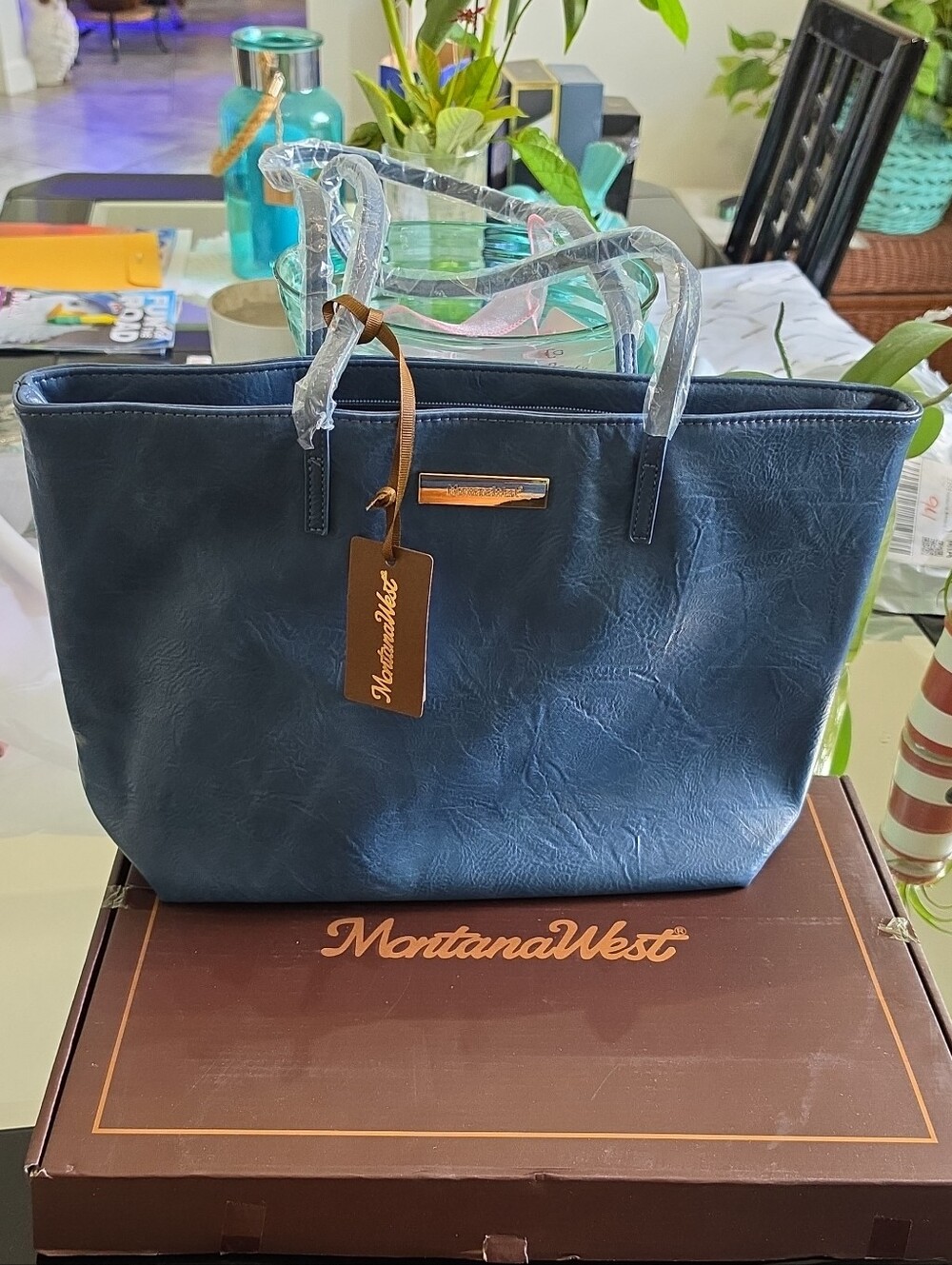 Montana West Navy Blue Tote with Gold Accent Hardware Soft Leather